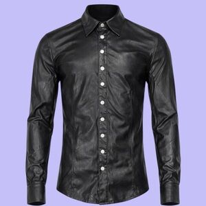 2010 Lip Service Men's Goth Black PVC Button-Up Shirt